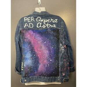 H&M Denim Jacket Womens 12 Blue Hand Painted Galaxy Per Aspera Ad Astra Pins